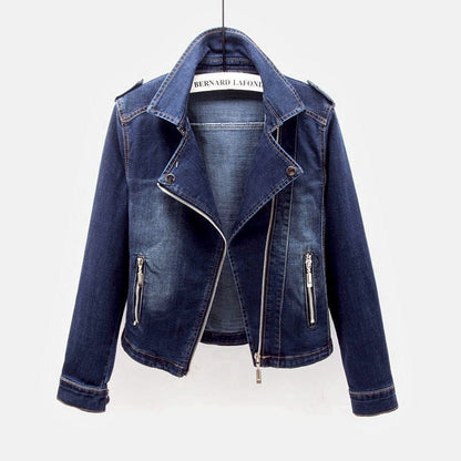 Chaqueta motera corta de denim para mujer con cremallera y cuello de solapa - Chaqueta moderna de inspiración motera para el día a día informal y un estilo urbano