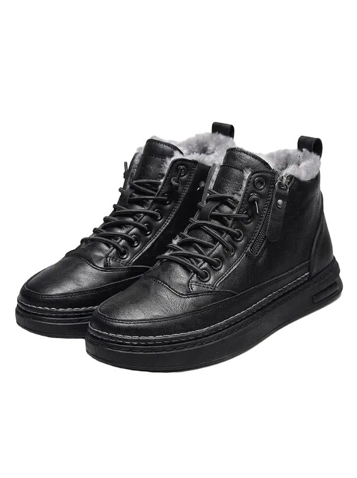 Botines de cuero para hombre con forro de piel, cordones y suela de plataforma - botas de invierno cálidas para días fríos, uso diario y tiempo libre