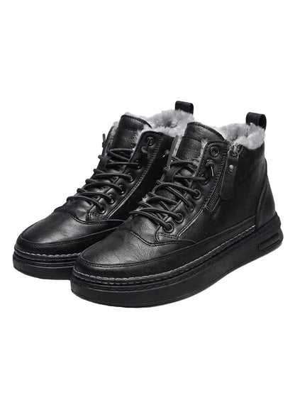 Botines de cuero para hombre con forro de piel, cordones y suela de plataforma - botas de invierno cálidas para días fríos, uso diario y tiempo libre