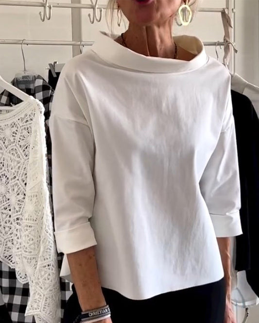 Women's Cotton Top with Wide Neck and 3/4 Sleeves - Relaxed Top for Everyday Wear, Office and Elegant Style