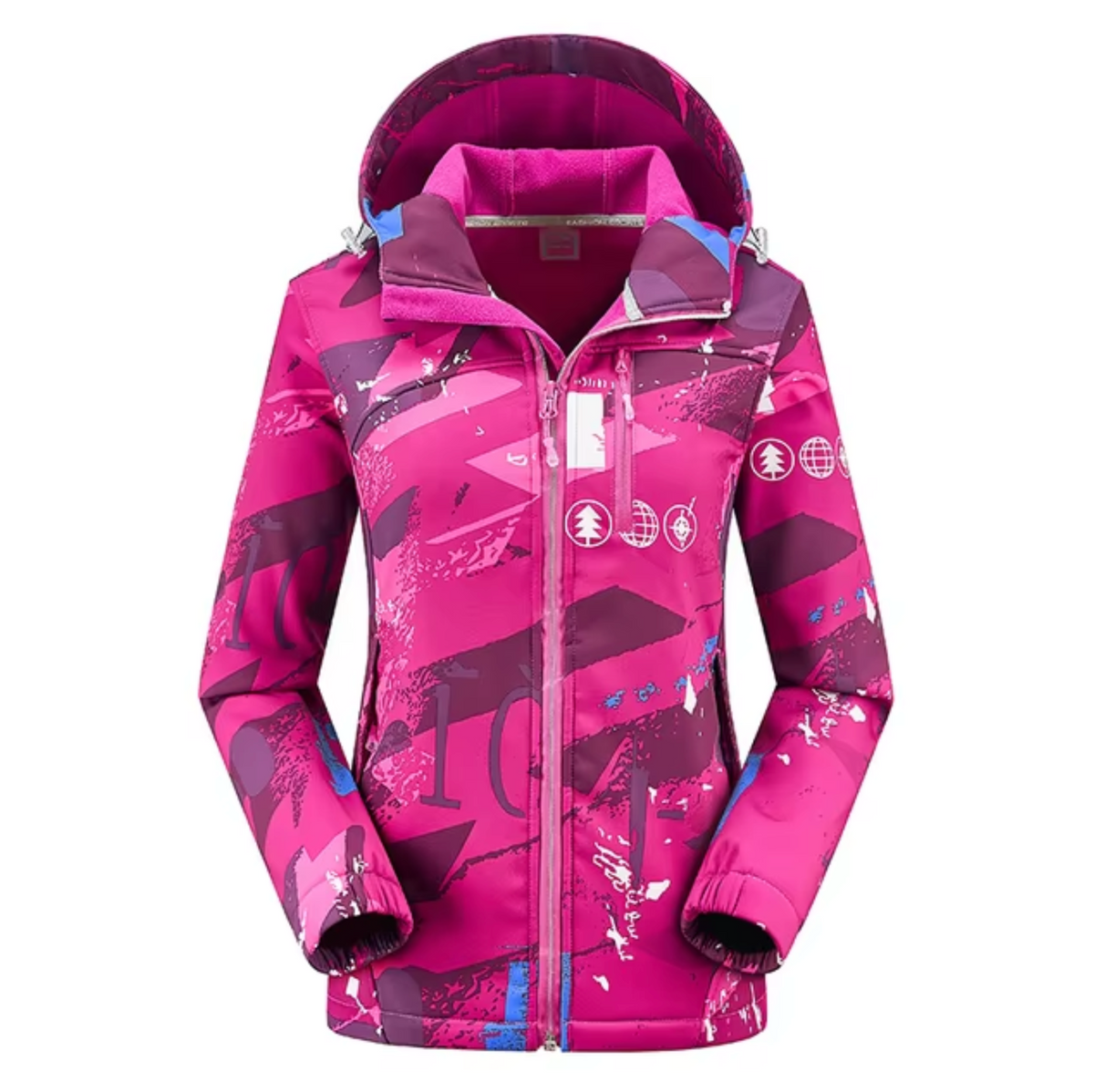Women's Patterned Softshell Jacket with Hood - Warm, Windproof, and Waterproof Jacket for Hiking, Winter, and Outdoor Activities