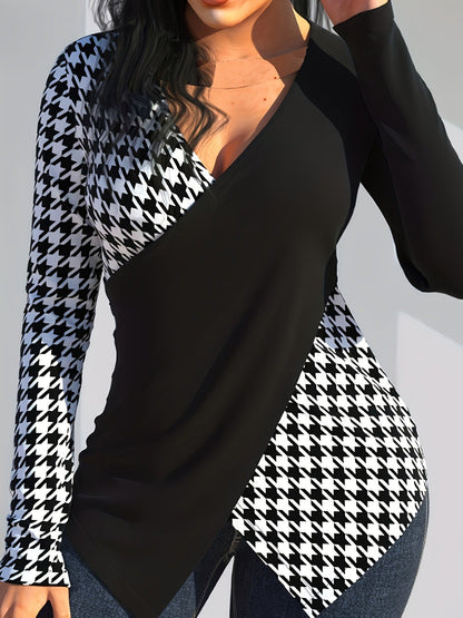 Women's Color-Block Blouse with Long Sleeves and Wrap Front – Patterned Top for Fall, Winter, and Stylish Everyday Wear