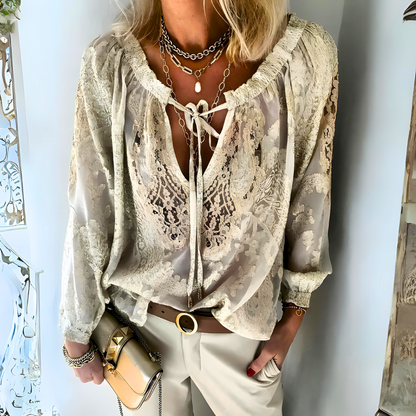 Women's lace blouse with a neck tie and sheer long sleeves - romantic top with embroidered details for elegant outfits and special occasions