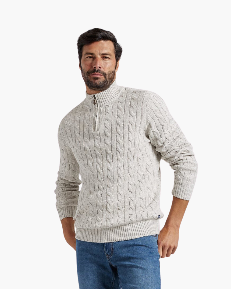 Herre Kabelstrikket Sweater Med Halv Lynlås