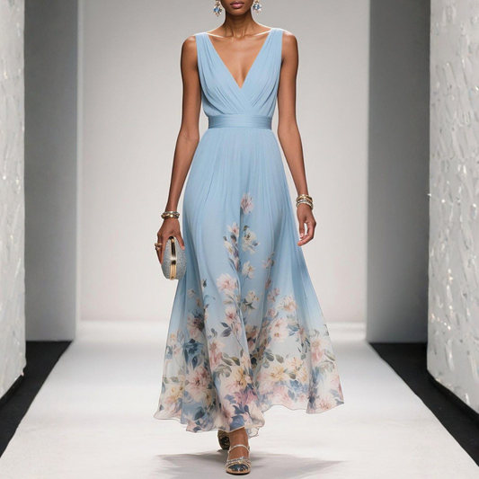 Women's printed chiffon maxi dress – Sleeveless style for wedding guests and summer occasions