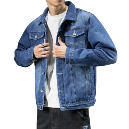 Jachetă trucker din denim pentru bărbați, căptușită cu fleece, cu închidere cu nasturi și croială lejeră – jachetă călduroasă pentru toamnă, iarnă, purtare zilnică și timp liber