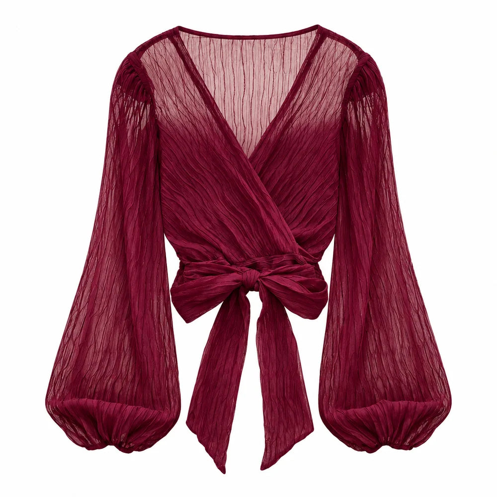 Women's wrap blouse with V-neck and pleated long sleeves - elegant top with a front tie for stylish everyday wear and smart-casual outfits