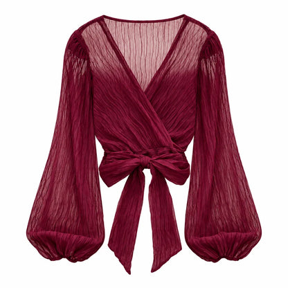 Women's wrap blouse with V-neck and pleated long sleeves - elegant top with a front tie for stylish everyday wear and smart-casual outfits