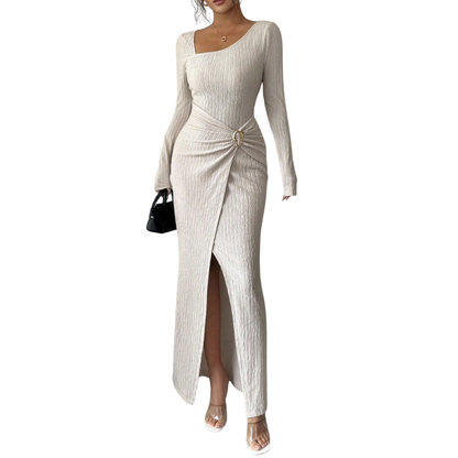 Maxivestido ajustado para mujer con fruncidos, escote cuadrado y abertura - Elegante vestido de manga larga para fiestas y eventos nocturnos