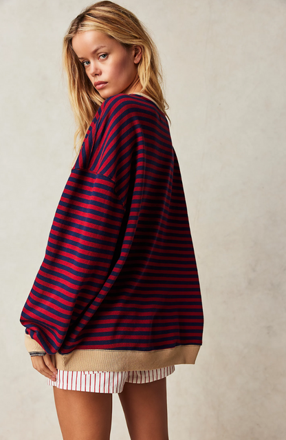 Women's Oversized Striped Sweatshirt with Dropped Shoulders - Relaxed Pullover for Everyday Wear, Leisure, and Layering