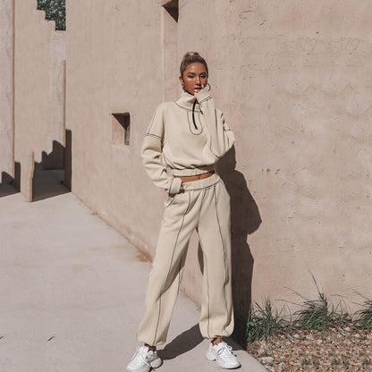 Women's 2-piece Set with Cropped Half-zip Sweatshirt and Wide-leg Joggers - Casual Tracksuit for Everyday Wear, Leisure and Casual Style