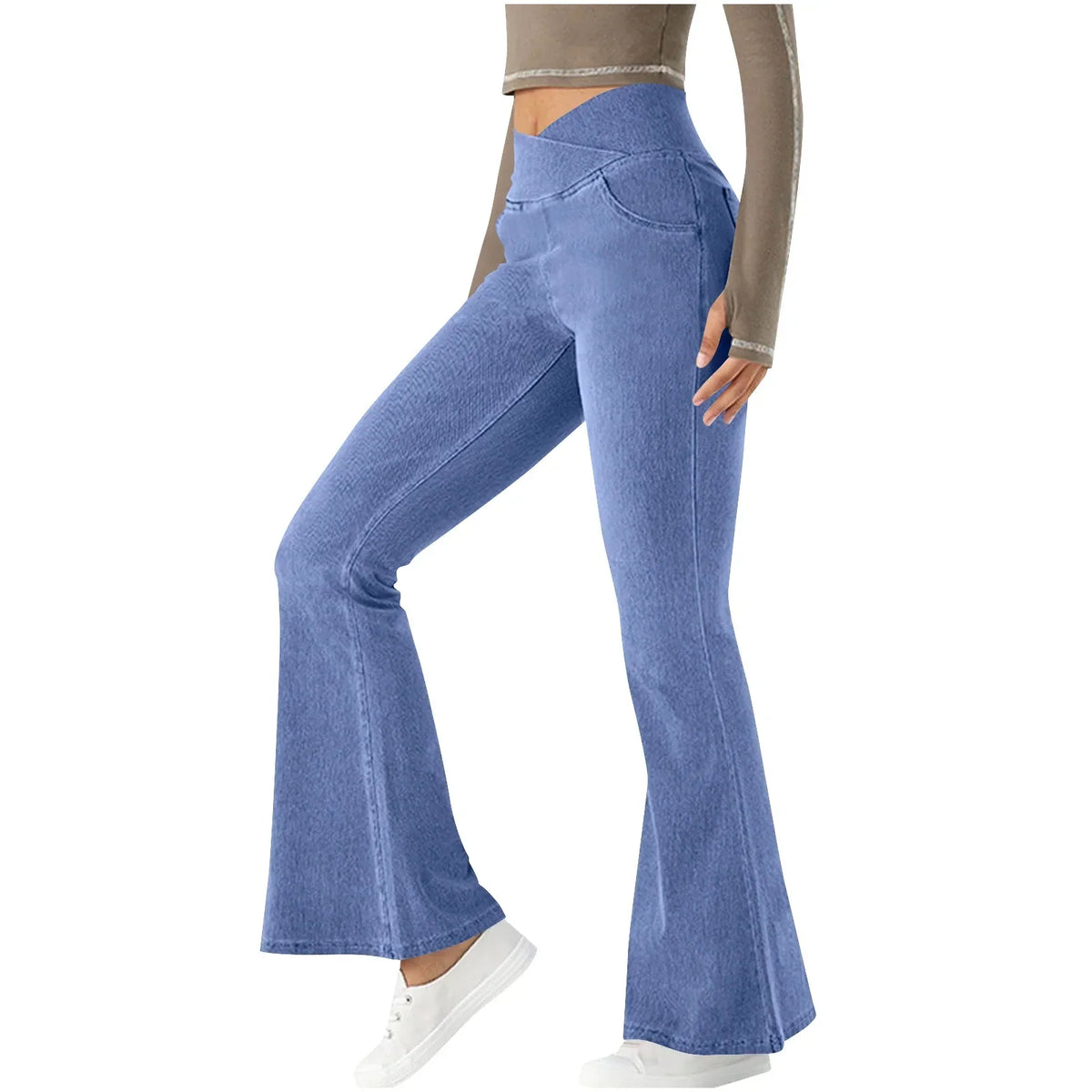 Women's High-Waisted Stretch Flare Jeans with Wide Legs – Figure-Hugging Full-Length Denim with Practical Pockets for Travel and Everyday Wear