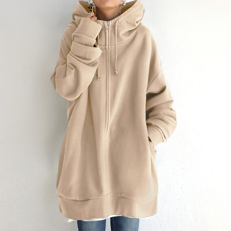 Dámská oversized mikina s kapucí a zipem - dlouhá a ležérní mikina na každodenní nošení, volný čas a v ležérním stylu