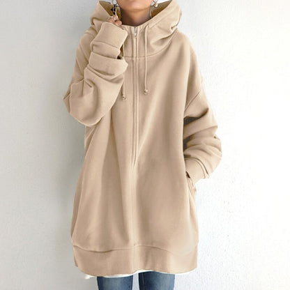 Dámská oversized mikina s kapucí a zipem - dlouhá a ležérní mikina na každodenní nošení, volný čas a v ležérním stylu
