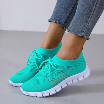 Women's Lightweight Knit Sneakers with Laces and Breathable Design – Flexible Training Shoes with Segmented Soles for Everyday Wear, Fitness and Leisure