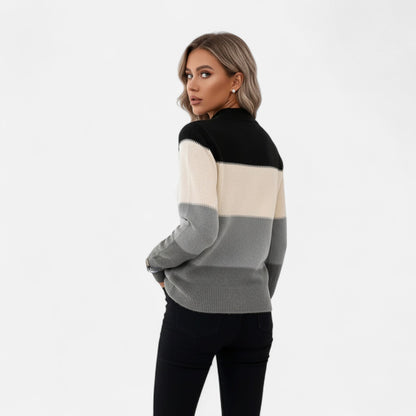 Suéter de punto a rayas para mujer con cuello redondo - Suéter clásico para otoño, invierno, uso diario y estilo smart casual
