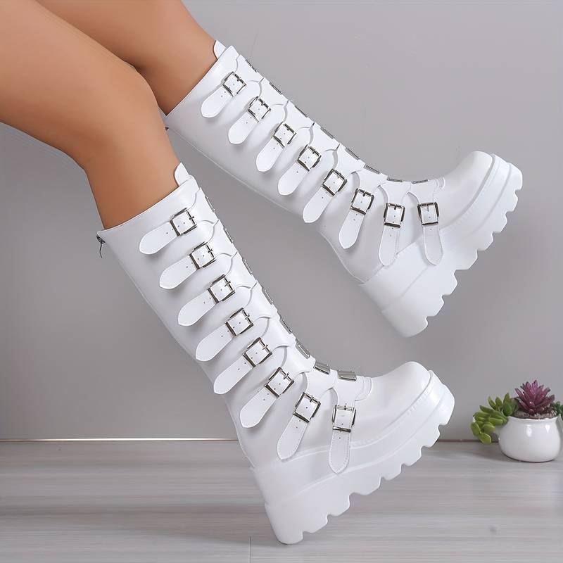 Women's Knee-High Platform Boots with Multiple Buckles - Statement Boots with Chunky Soles for Edgy City Style and Festivals