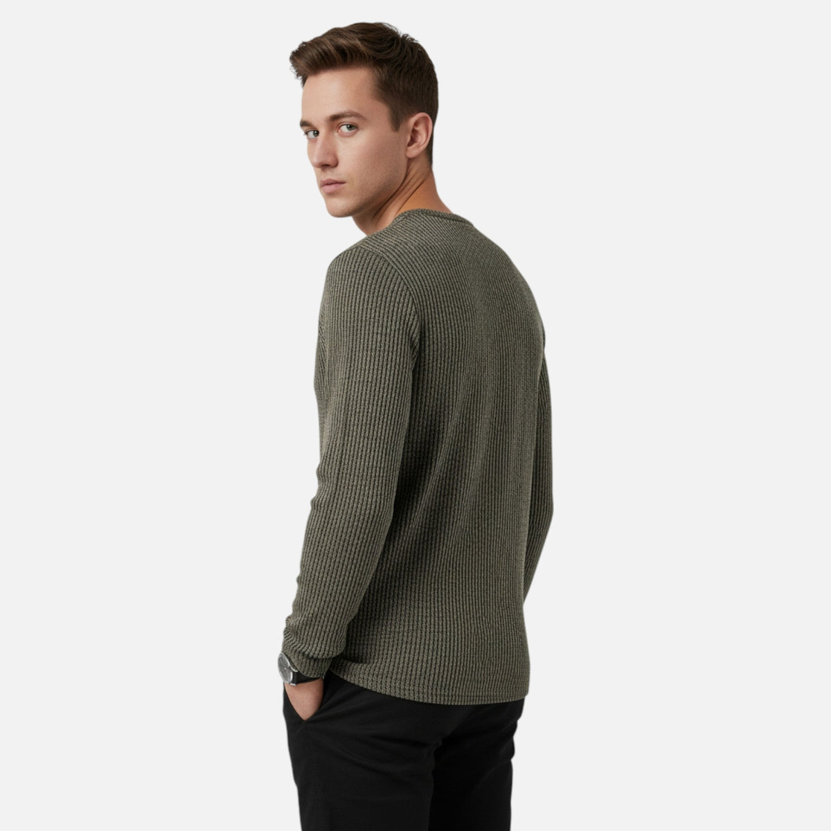 Herre Kabelstrikket Henley-sweater – Klassisk Strik Til Efterår, Vinter, Hverdagsbrug Og Smart Casual Stil