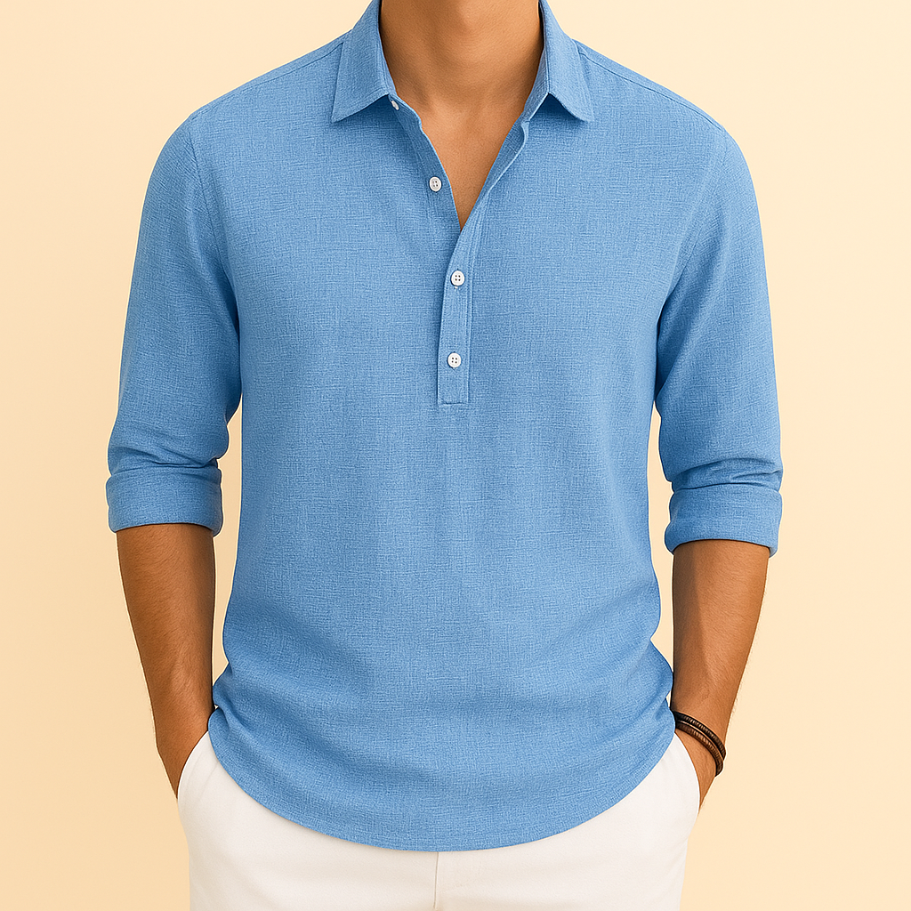 Herre Tekstureret Langærmet Poloshirt – Afslappet Smart Casual Top til Forår og Rejser