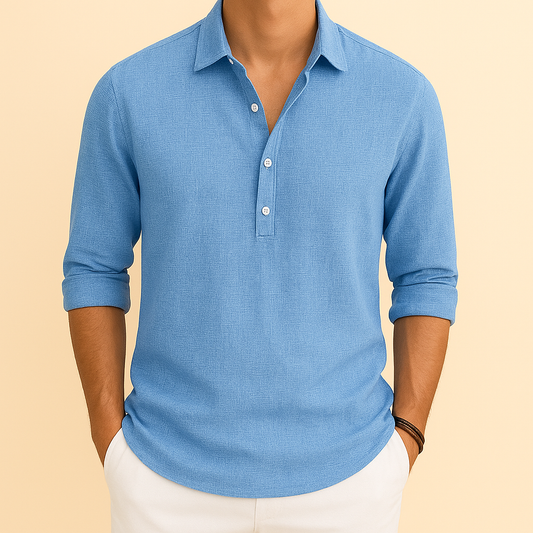 Herre Tekstureret Langærmet Poloshirt – Afslappet Smart Casual Top til Forår og Rejser