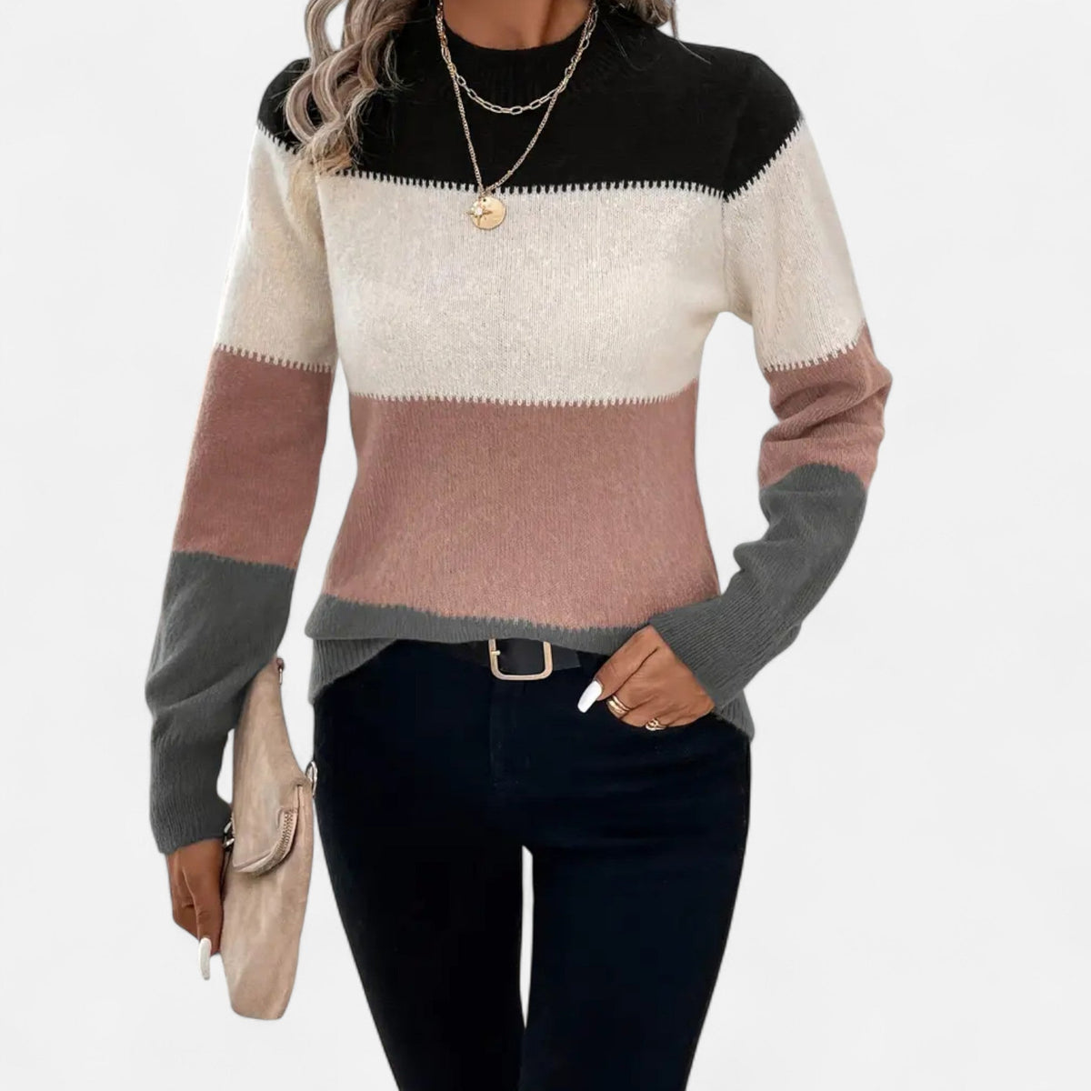 Suéter de punto a rayas para mujer con cuello redondo - Suéter clásico para otoño, invierno, uso diario y estilo smart casual