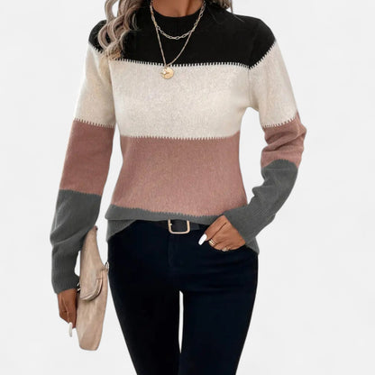 Suéter de punto a rayas para mujer con cuello redondo - Suéter clásico para otoño, invierno, uso diario y estilo smart casual