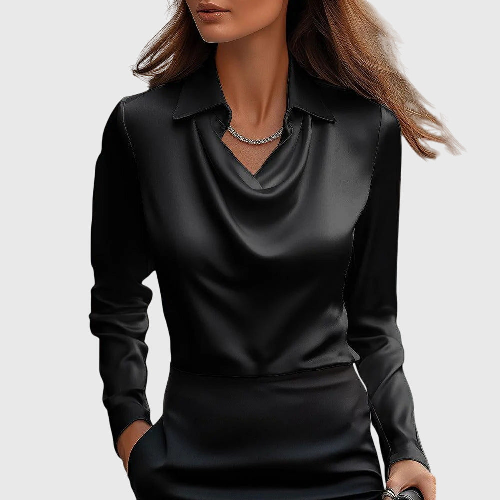 Women's Satin Blouse with a Cowl Neckline and Long Sleeves – Elegant Shirt Blouse for the Office, Evening Wear and Smart-Casual Style