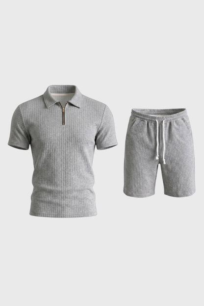 Herre Outfitsæt Med Ribbet Polo Og Shorts