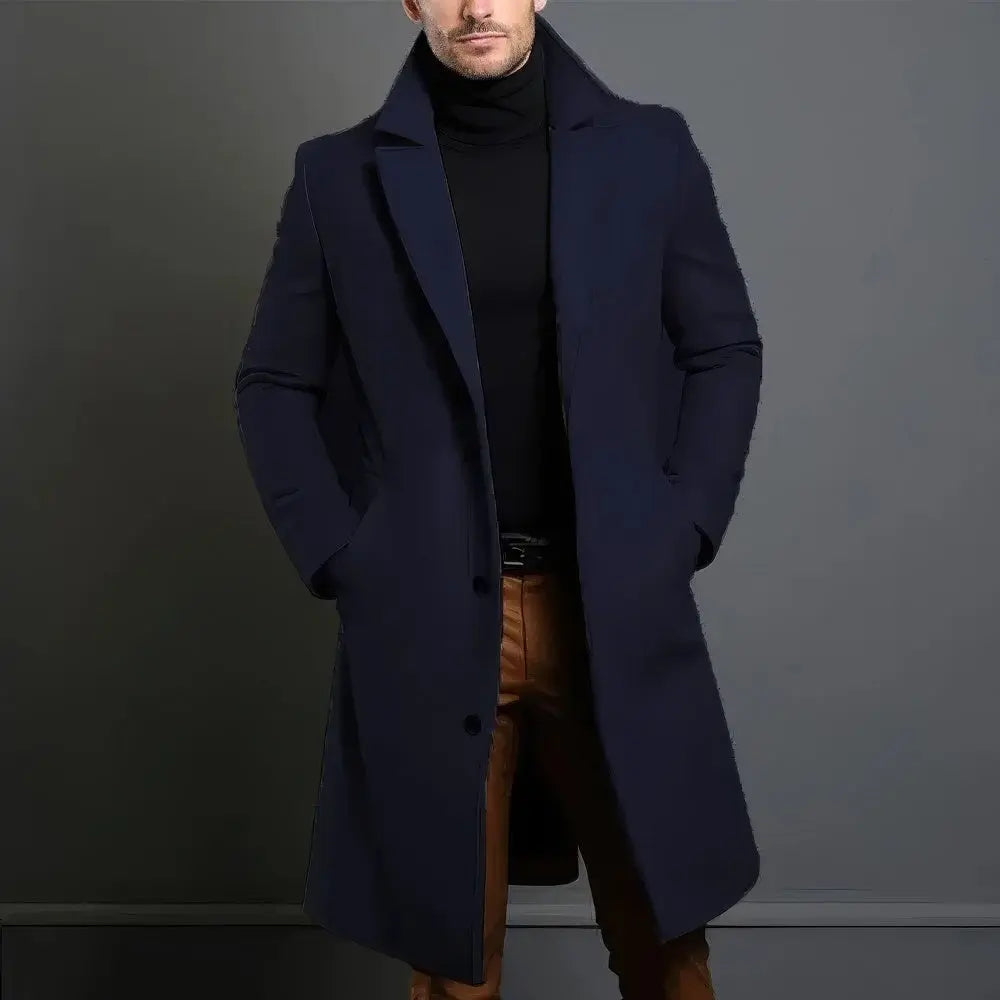 Pánský dlouhý elegantní kabát na míru s jednořadým zapínáním a klopami s vroubkovaným okrajem – elegantní svrchní oděv na podzim, zimu, do kanceláře i pro každodenní nošení