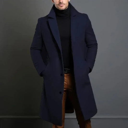 Pánský dlouhý elegantní kabát na míru s jednořadým zapínáním a klopami s vroubkovaným okrajem – elegantní svrchní oděv na podzim, zimu, do kanceláře i pro každodenní nošení