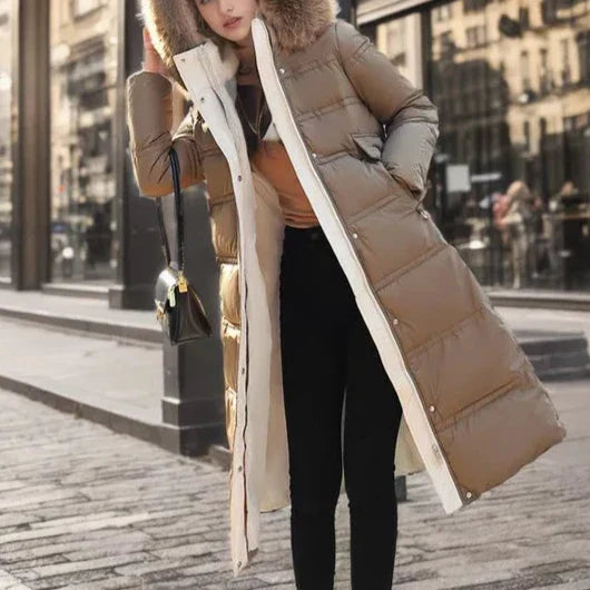 Abrigo puffer largo acolchado para mujer, con capucha y pelo sintético - Prenda de abrigo de invierno cálida, con cinturón y cintura entallada, para días fríos, uso diario y actividades al aire libre