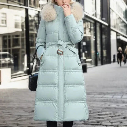 Abrigo puffer largo acolchado para mujer, con capucha y pelo sintético - Prenda de abrigo de invierno cálida, con cinturón y cintura entallada, para días fríos, uso diario y actividades al aire libre