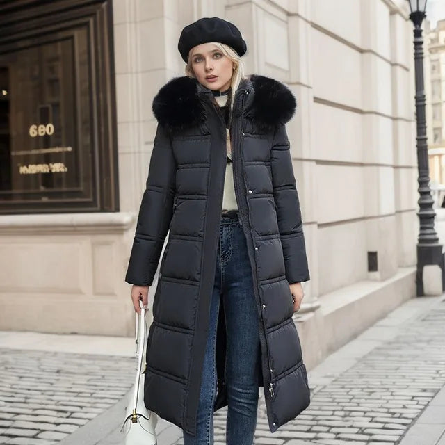Abrigo puffer largo acolchado para mujer, con capucha y pelo sintético - Prenda de abrigo de invierno cálida, con cinturón y cintura entallada, para días fríos, uso diario y actividades al aire libre