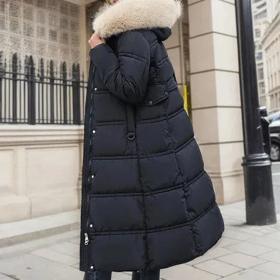 Abrigo puffer largo acolchado para mujer, con capucha y pelo sintético - Prenda de abrigo de invierno cálida, con cinturón y cintura entallada, para días fríos, uso diario y actividades al aire libre