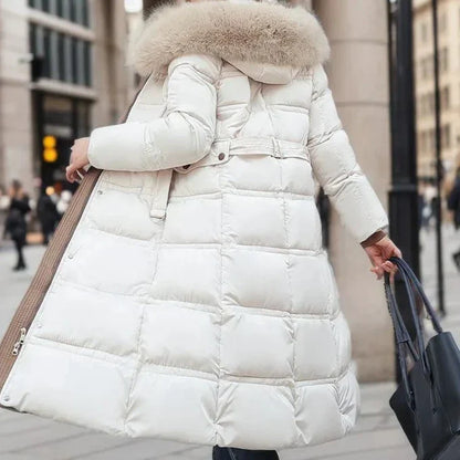Abrigo puffer largo acolchado para mujer, con capucha y pelo sintético - Prenda de abrigo de invierno cálida, con cinturón y cintura entallada, para días fríos, uso diario y actividades al aire libre