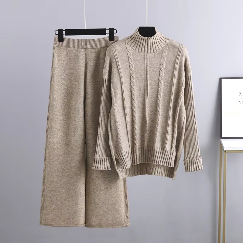Women's rib-knit 2-piece set with turtleneck sweater and wide-leg pants - warm knit set for fall, winter, and everyday wear