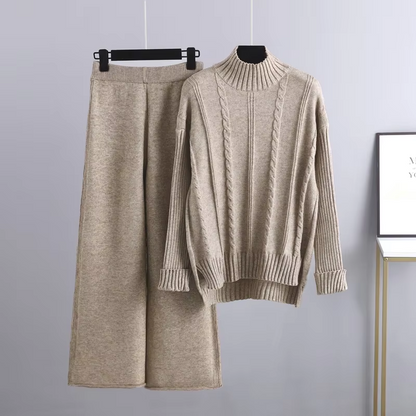 Women's rib-knit 2-piece set with turtleneck sweater and wide-leg pants - warm knit set for fall, winter, and everyday wear