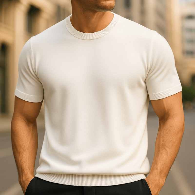 Męski lekki dzianinowy T-shirt z krótkim rękawem i okrągłym dekoltem – miękka bluzka z dzianiny w stylu smart casual na lato i na co dzień