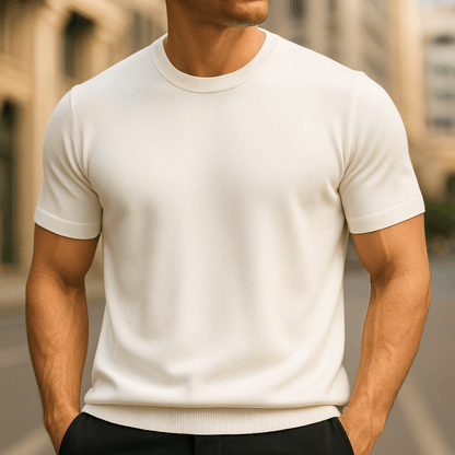 Męski lekki dzianinowy T-shirt z krótkim rękawem i okrągłym dekoltem – miękka bluzka z dzianiny w stylu smart casual na lato i na co dzień