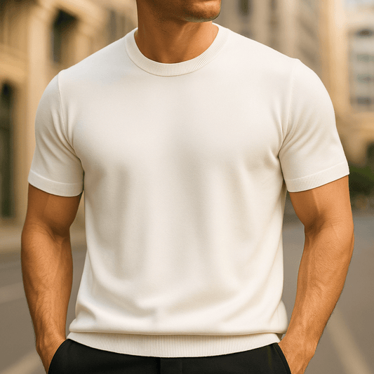 Herre Let Strikket T-shirt Med Korte Ærmer Og Rund Hals – Blød Trikotbluse Til Smart Casual-stil, Sommer Og Afslappet Hverdagsbrug