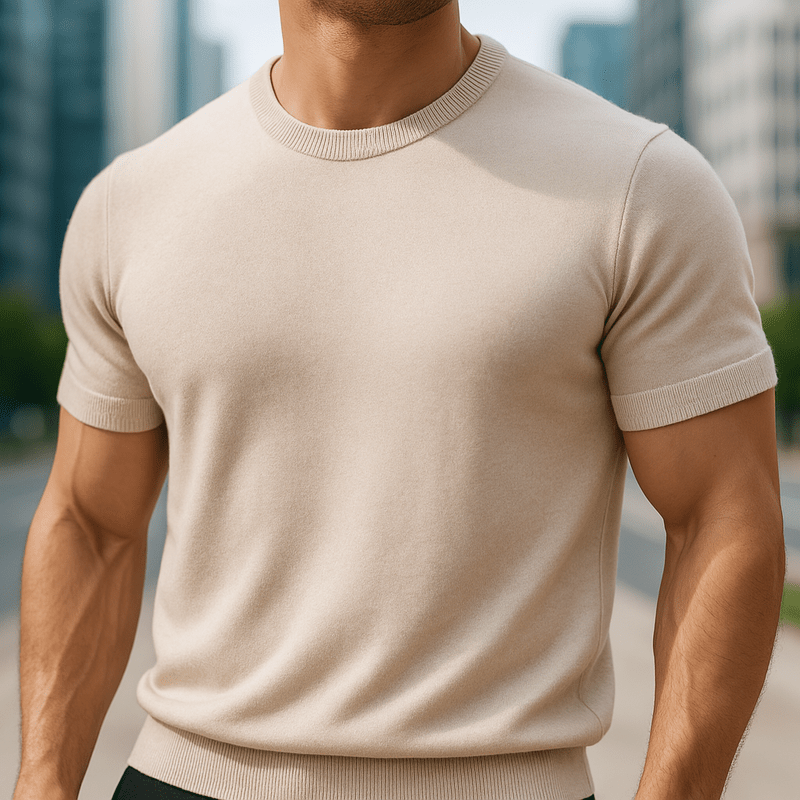Męski lekki dzianinowy T-shirt z krótkim rękawem i okrągłym dekoltem – miękka bluzka z dzianiny w stylu smart casual na lato i na co dzień