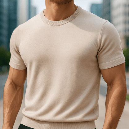 Męski lekki dzianinowy T-shirt z krótkim rękawem i okrągłym dekoltem – miękka bluzka z dzianiny w stylu smart casual na lato i na co dzień