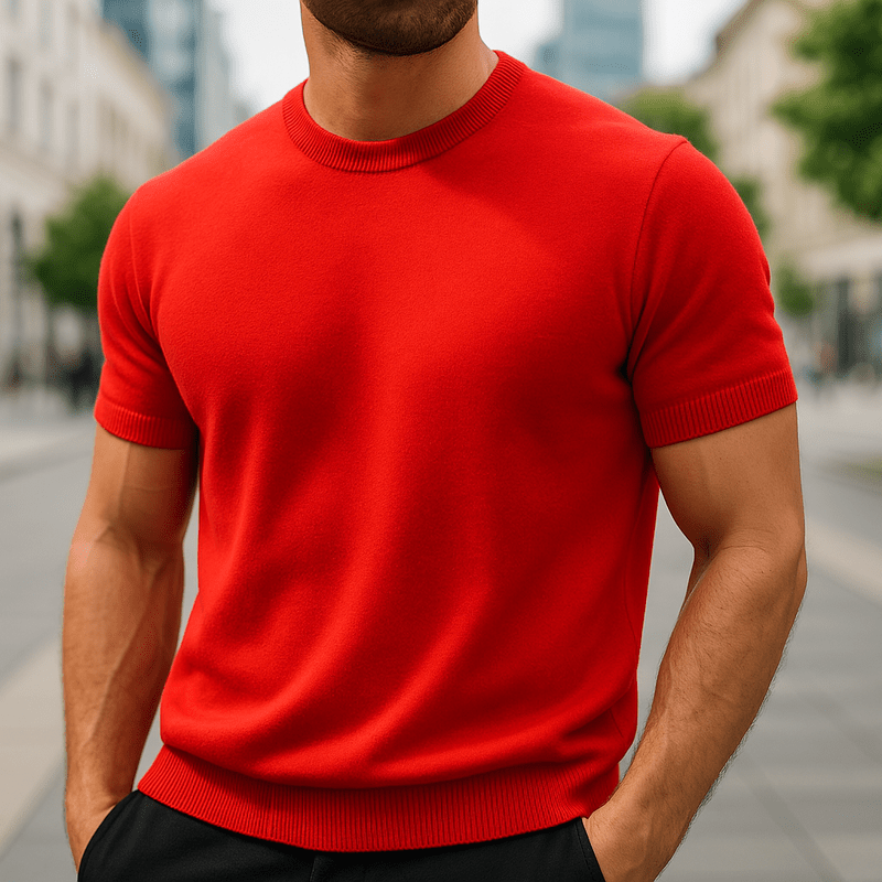 Męski lekki dzianinowy T-shirt z krótkim rękawem i okrągłym dekoltem – miękka bluzka z dzianiny w stylu smart casual na lato i na co dzień