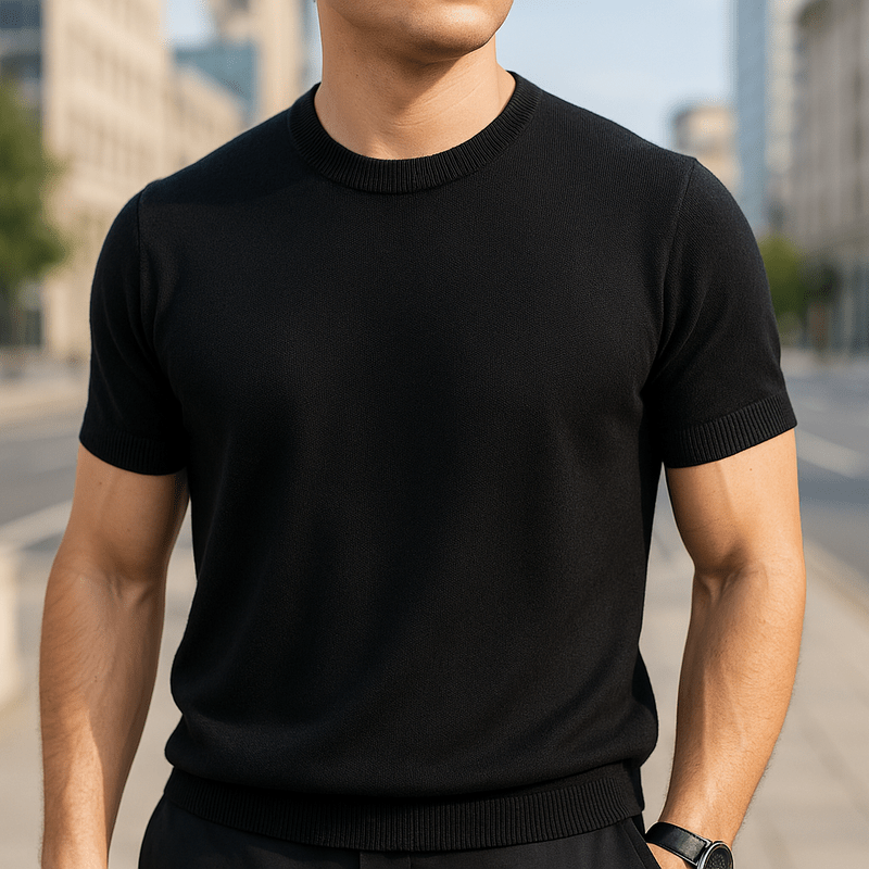Męski lekki dzianinowy T-shirt z krótkim rękawem i okrągłym dekoltem – miękka bluzka z dzianiny w stylu smart casual na lato i na co dzień