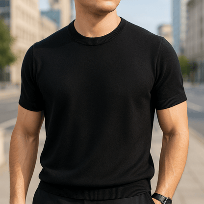 Męski lekki dzianinowy T-shirt z krótkim rękawem i okrągłym dekoltem – miękka bluzka z dzianiny w stylu smart casual na lato i na co dzień