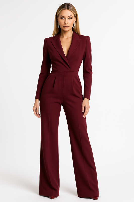 Women’s elegant V-neck jumpsuit with wide legs – tailored long-sleeved evening jumpsuit for evening wear, weddings, and special occasions