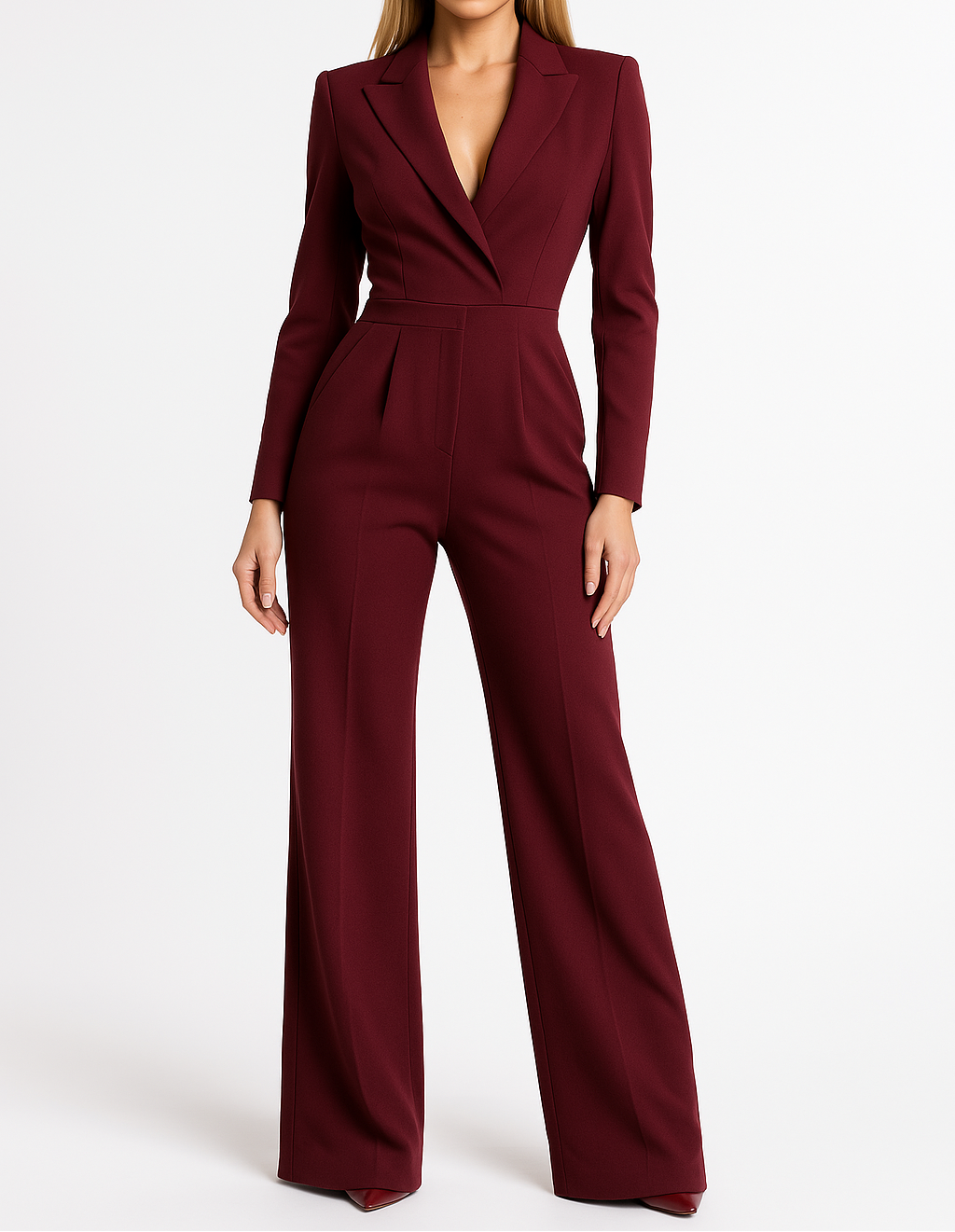 Dame Elegant Jumpsuit Med Vide Ben, Dyb V-hals Og Lange Ærmer – Stilfuld Heldragt Til Kontoret, Middage, Aftenarrangementer Og Festlige Anledninger