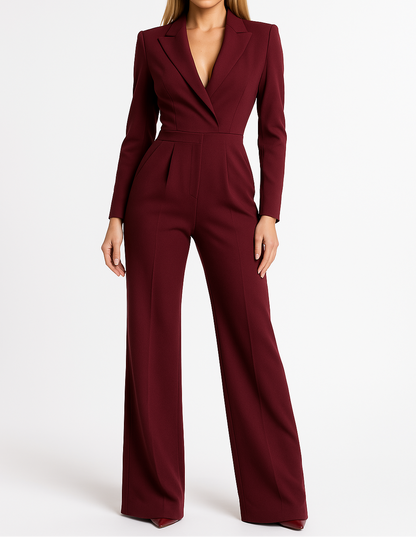Dame Elegant Jumpsuit Med Vide Ben, Dyb V-hals Og Lange Ærmer – Stilfuld Heldragt Til Kontoret, Middage, Aftenarrangementer Og Festlige Anledninger