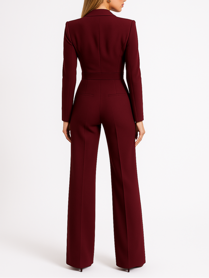 Dame Elegant Jumpsuit Med Vide Ben, Dyb V-hals Og Lange Ærmer – Stilfuld Heldragt Til Kontoret, Middage, Aftenarrangementer Og Festlige Anledninger