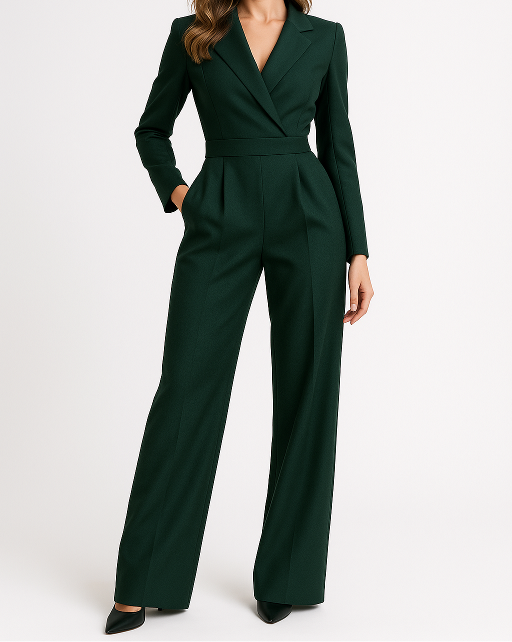 Dame Elegant Jumpsuit Med Vide Ben, Dyb V-hals Og Lange Ærmer – Stilfuld Heldragt Til Kontoret, Middage, Aftenarrangementer Og Festlige Anledninger